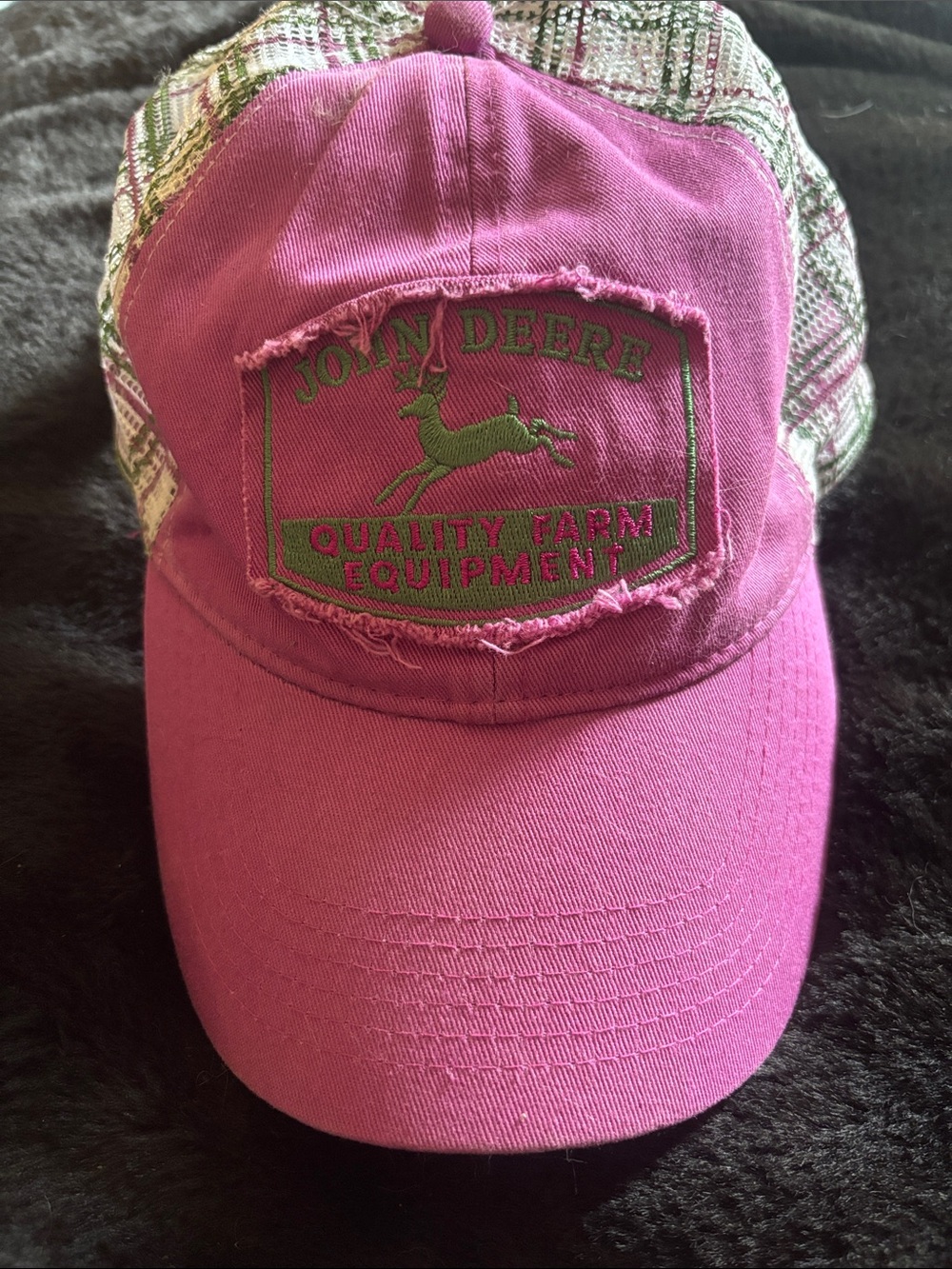 John Deere Pink and Green Plaid Trucker Hat